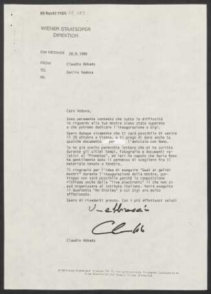 Brief an Emilio Vedova, 28.09.1990