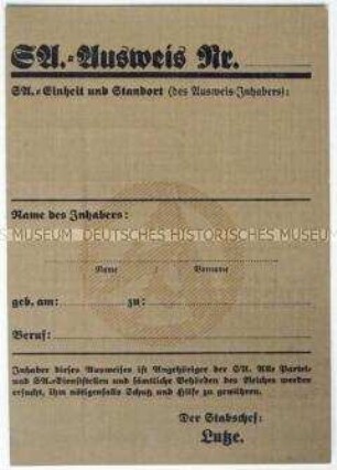 Vordruck eines SA-Ausweises (blanko)
