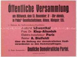 Ankündigung einer Versammlung der Deutschen Demokratischen Partei in Altona zur bevorstehenden Stadtverordnetenwahl