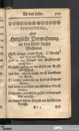Epiphonema, oder Hertzliche Vermahnung an den Leser dieses Büchleins.