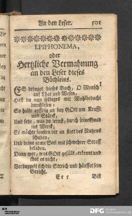 Epiphonema, oder Hertzliche Vermahnung an den Leser dieses Büchleins.