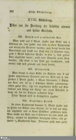 XVIII. Abtheilung. Lehre von der Bereitung der beliebten warmen und kalten Getränke