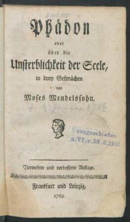 Phädon oder über die Unsterblichkeit der Seele : in drey Gesprächen