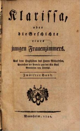 Klarissa, oder die Geschichte einen jungen Frauenzimmers, Zwölfter Band