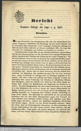 [1851/52]: Bericht der Loge Zum Goldnen Apfel in Dresden an ihre auswärtigen BBr. : auf das Maurerjahr ..