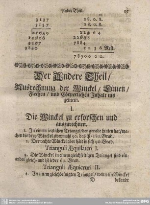 Der Ander Theil/ Ausrechnung der Winckel/ Linien/ Flechen/ und Cörperlichen Inhalt ins gemein.