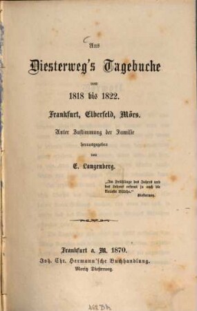 Aus Diesterweg's Tagebuche von 1818 bis 1822 : Frankfurt, Elberfeld, Mörs