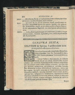 Censura Sexta. Salutem & Spiritus S assistentiam cum promptissima officiorum oblatione.