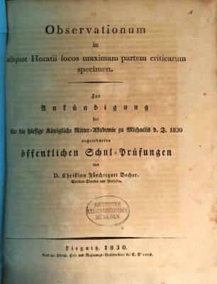 Observationum in aliquot Horatii locos maximam partem criticarum specimen