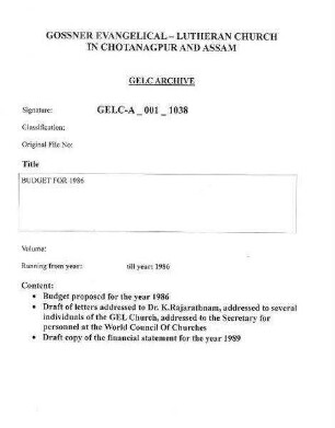 BUDGET FOR 1986