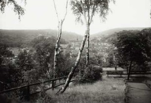 Greiz, Stadtansicht : Greiz. Stadtansicht mit Stadtkirche und Oberem Schloss von der Aussicht auf dem Hainberg von Südosten