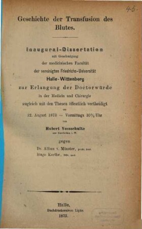Geschichte der Transfusion des Blutes : Inaugural-Dissertation