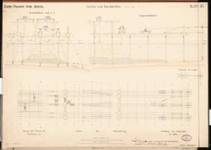 Hafen für Arkona Schinkelwettbewerb 1868: Landungssteg, Baugerüst: Grundriss (2 Ebenen), Längsschnitt (Ausschnitt), Querschnitt 1:240, 1:120; 2 Maßstabsleisten