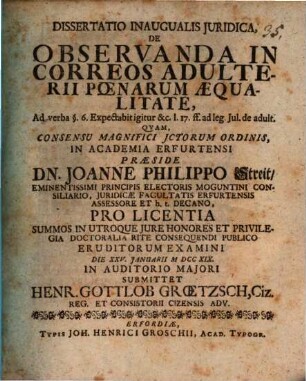 Diss. inaug. iur. de observanda in correos adulterii poenarum aequalitate