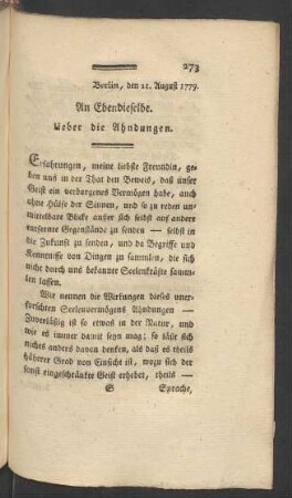 An Ebendieselbe. Ueber die Ahndungen