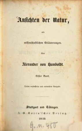 Ansichten der Natur : mit wissenschaftlichen Erläuterungen, 1