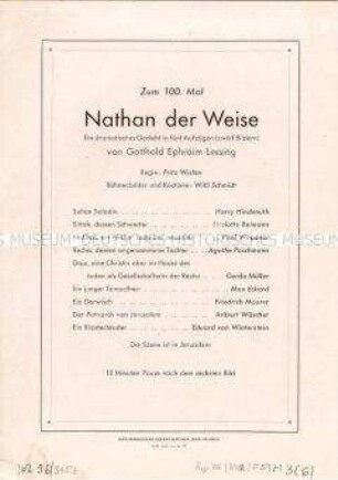 Programmblatt zur 100. Aufführung des Stückes "Nathan der Weise" von G. E. Lessing im Deutschen Theater