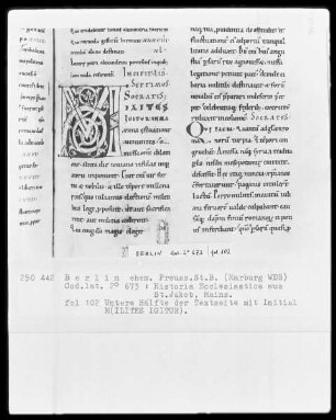Cassiodor, Historia Ecclesiastica — Initiale M(ILITES IGITUR), Folio 102recto