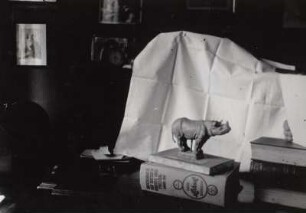 Interieur mit Nashorn-Statuette : Interieur mit Nashorn-Statuette (mit Hintergrundabdeckung für die Aufnahme, vor 1945; E. Richter) in der Wohnung der Bildhauerin in Dresden