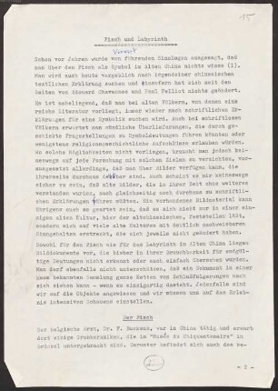 Carl Hentze (1883-1975), Nachlass: Typoskript von Fisch und Labyrinth - BSB Ana 388.I.15.