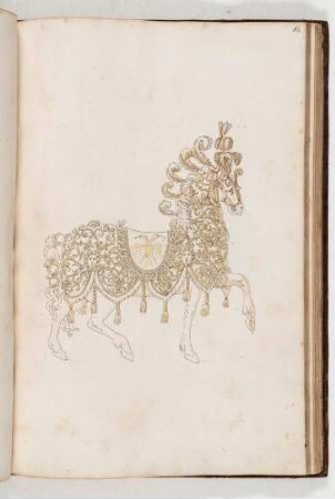 Pferd mit prunkvollem Prachtreitzeug und Federkopfschmuck, in: Equestrium statuarum [...] formae [...] artificiosissime pictis, Bl. 67