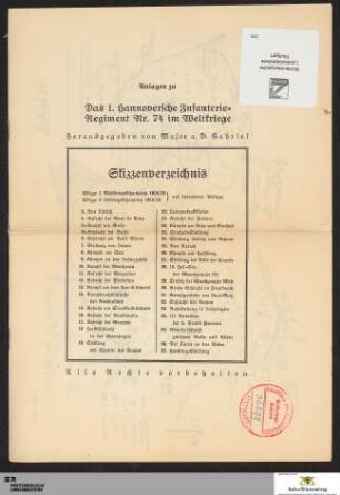 Anlage zu Das 1. Hannoversche Infanterie-Regiment Nr. 74 im Weltkriege