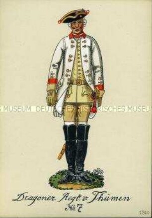 Uniformdarstellung, Gemeiner des Dragoner-Regiments (von Thümen) D VII, Preußen, 1740.