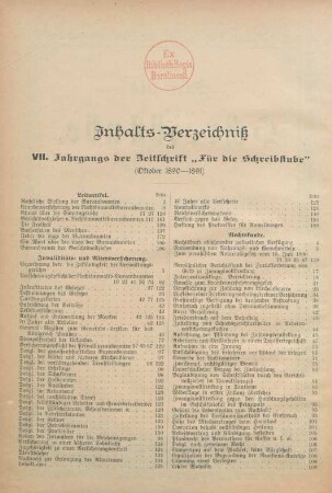 Inhalts-Verzeichniß des VII. Jahrgangs der Zeitschrift "Für die Schreibstube" (October 1890-1891)