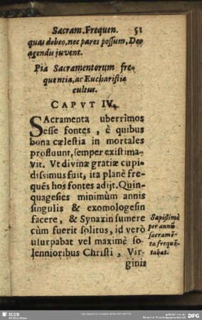Pia Sacramentorum frequentia, ac Eucharistia cultus. Caput. IV.