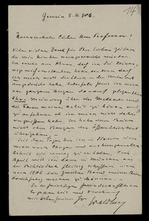Nr. 14: Postkarte von Max von Waldberg an Edward Schröder, Genua, 5.3.1906
