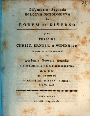 Disp. II. in locum ontologicum de eodem et diverso