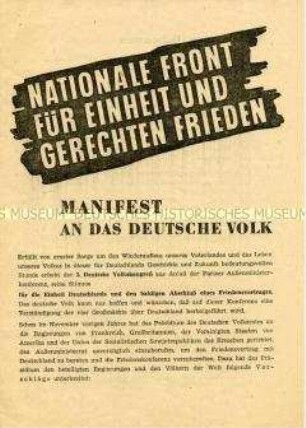 Vorschläge des Deutschen Volksrates für eine gerechte Friedensregelung und Aufruf des 3. Deutschen Volkskongresses zur Stärkung der Nationalen Front