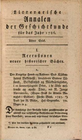 Litterarische Annalen der Geschichtkunde in und außer Teutschland : für das Jahr .... 8. 1786 (1787)