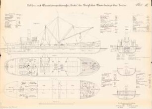 Kohlen- und Wassertransportdampfer »Tender« der Wasserbauinspektion, Emden: Schnitte 1:100