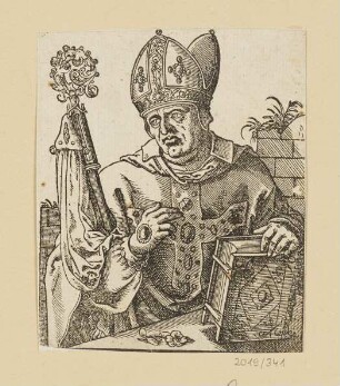 Bischof hinter einem Tisch mit einer Blume und einem geschlossenen Buch, aus: Jost Amman, "Kunstbüchlin", Frankfurt am Main 1599, S. L iii verso