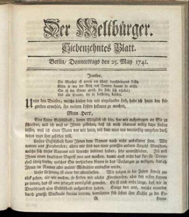 Siebenzehntes Blatt. Berlin, Donnerstags den 25. May 1741.