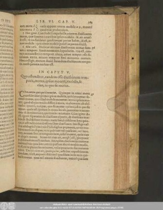 In Caput V. Quo ostenditur, eandem esse divisionem temporis, motus, ipsius moveri, mobilis, & eius, in quo fit motus.