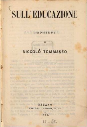 Sull'educazione : Pensieri di Niccolò Tommaséo