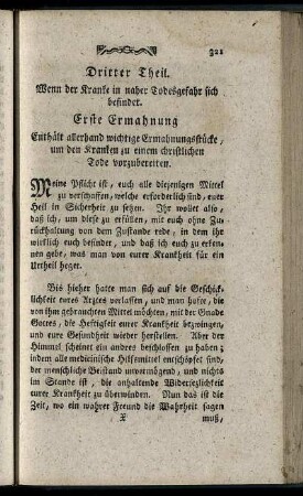 Erste Ermahnung Enthält allerhand wichtige Ermahnungsstücke, um den Kranken zu einem christlichen Tode vorzubereiten. - X. Ermahnung. Einen Kranken durch die Betrachtung des Kreuzes und Leidens Christi zu trösten.