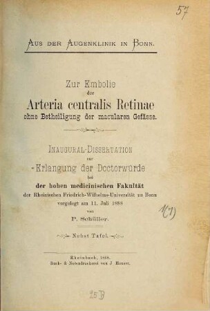 Zur Embolie der Arteria centralis Retinae ohne Betheiligung der macularen Gefässe ...