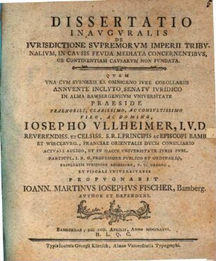 Diss. inaug. de iurisdictione supremorum Imperii tribunalium, in causis feuda concernentibus, ob continentiam causarum non fundata