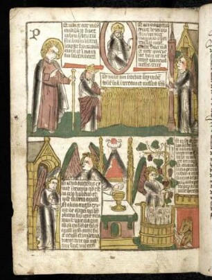 (1) Johannes sieht den Menschensohn bei der Ernte (Apc. XIV, 14-16); Engel am Altar, Weinlese (Apc. XIV, 17-20).