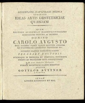 Dissertatio Inauguralis Medica Exhibens Ideas Artis Obstetriciae Quasdam