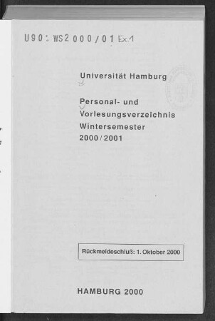 WS 2000/01: Personal- und Vorlesungsverzeichnis // Hamburgische Universität