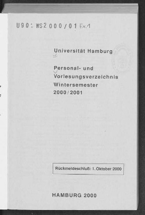 WS 2000/01: Personal- und Vorlesungsverzeichnis // Hamburgische Universität