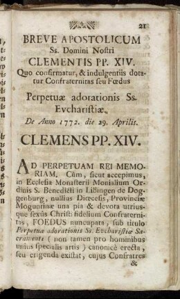 Breve Apostolicum Ss. Domini Nostri Clementis PP. XIV.