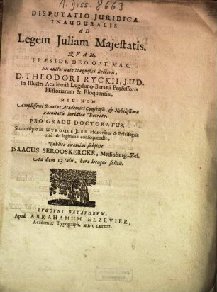 Disputatio Iuridica Inauguralis Ad Legem Iuliam Maiestatis