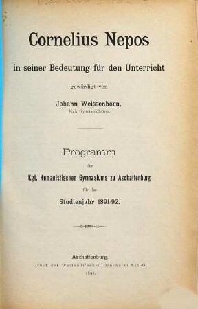 Cornelius Nepos in seiner Bedeutung für den Unterricht