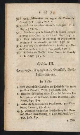 Secio III. Geographie, Topographie, Statistik, Reisebeschreibungen