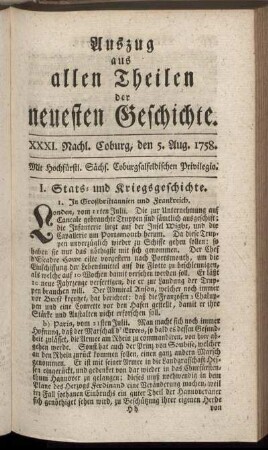 XXXI. Nachl. Coburg, den 5. Aug. 1758.